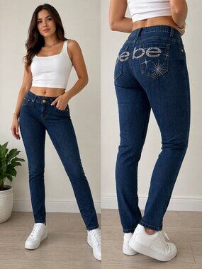 2B Bebe Skinny Jeans Low Rise Blue Rhinestone Logo Y2K Size 24